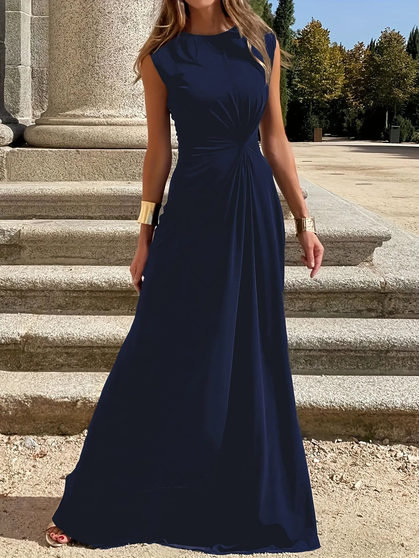 Round Neck Sleeveless Maxi Dress Navy Blue OutfitFlow