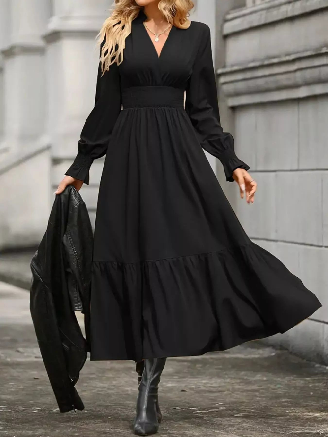 Surplice Long Sleeve Tiered Midi Dress OutfitFlow