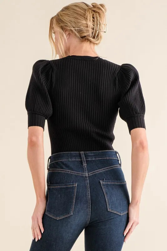 And The Why Puffed Half Sleeve Rib Basic Bodysuit OutfitFlow
