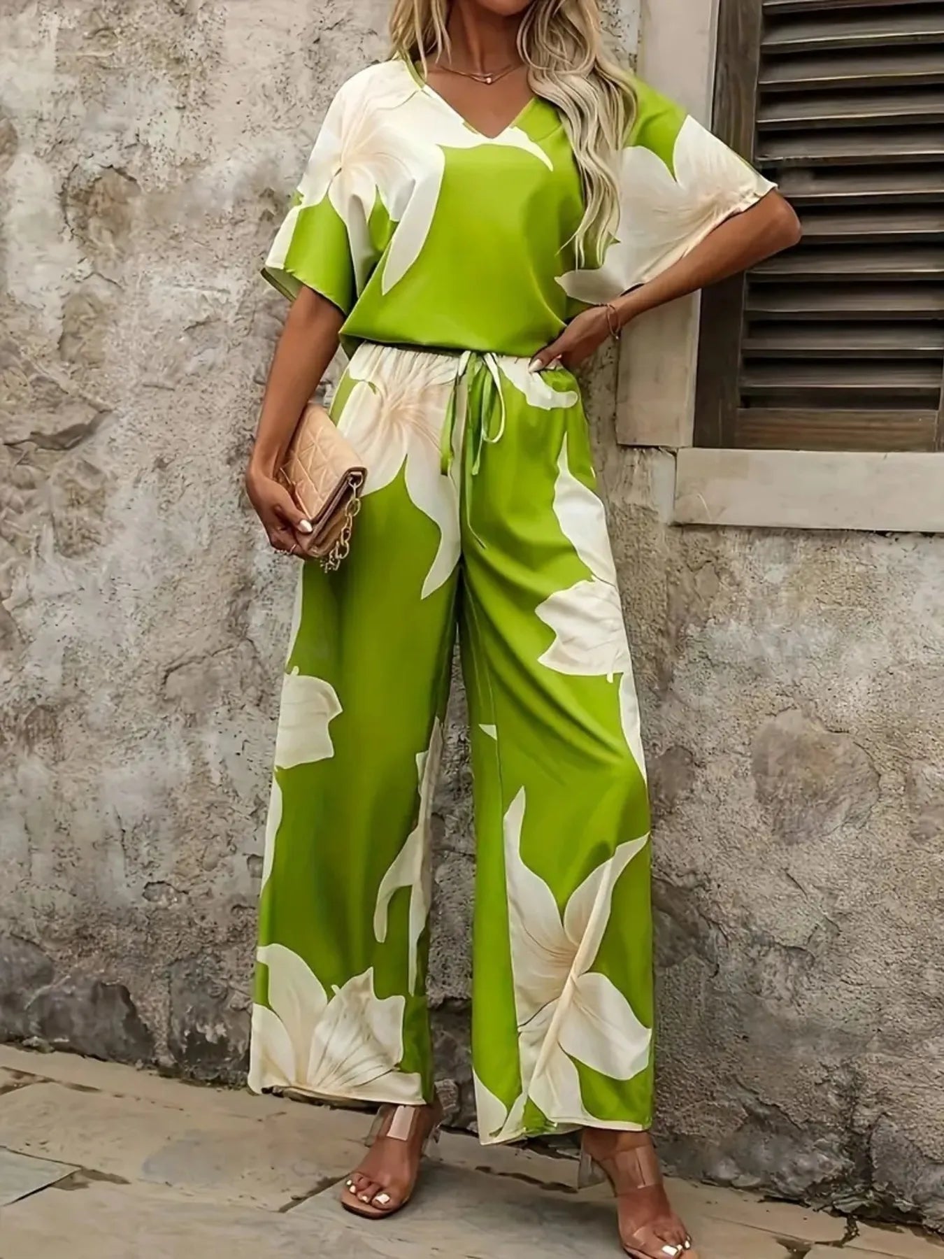 Printed V-Neck Top and Pants Set OutfitFlow