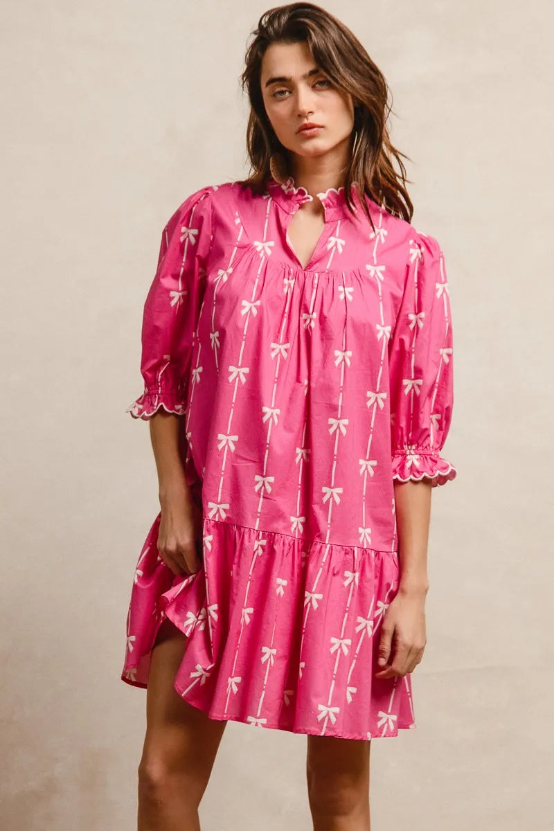 BiBi Ribbon Patterns With Scallops Edge Details Short Sleeve Dress OutfitFlow