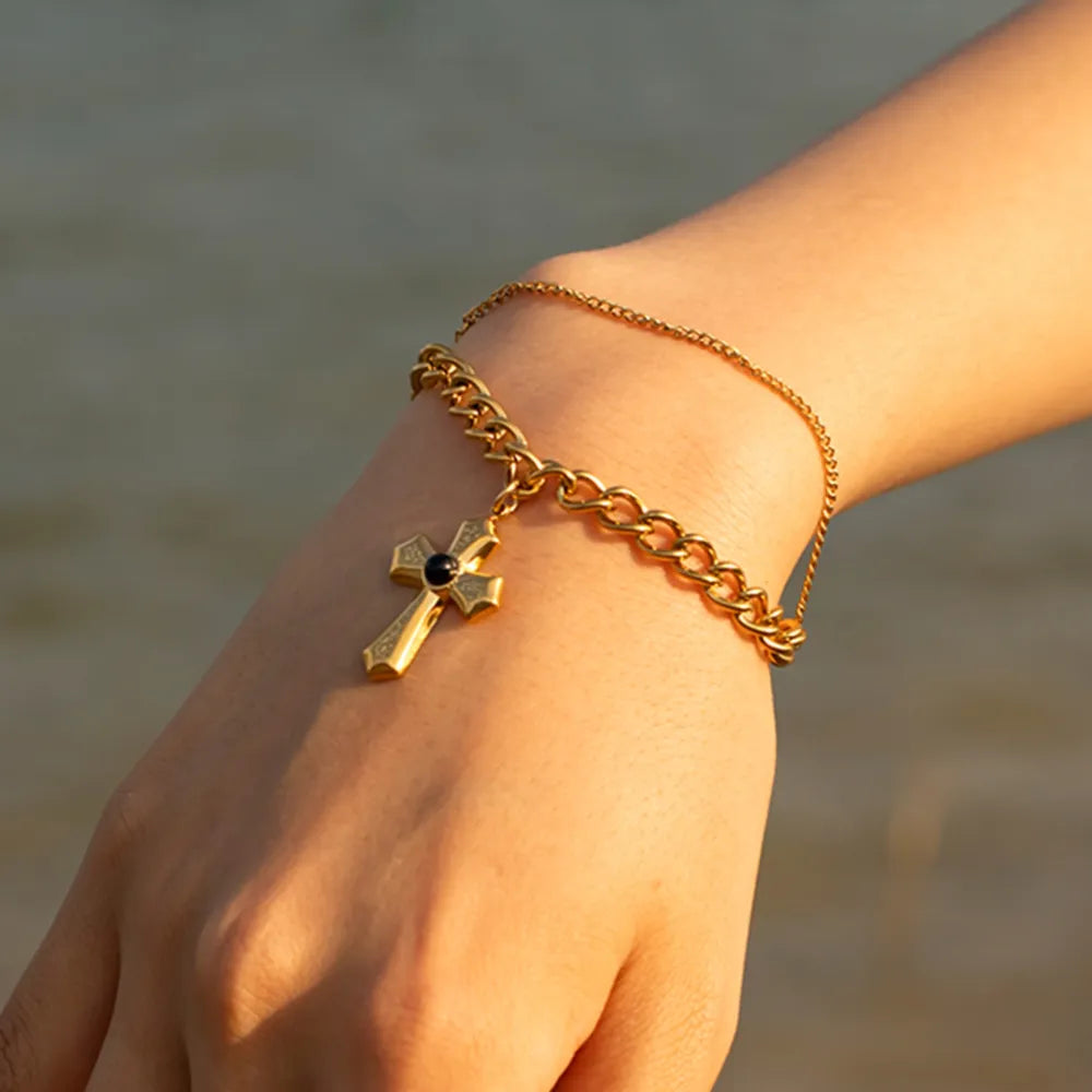 Stainless Steel Imitation Gemstone Cross Shape Pendant Bracelet OutfitFlow