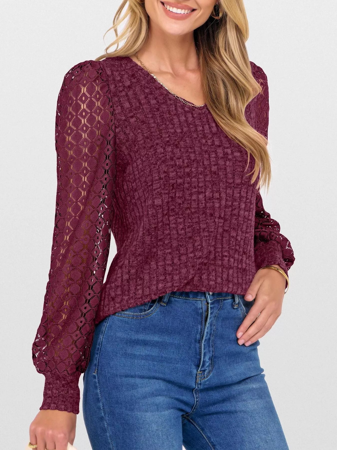 Lace Sleeve V-Neck T-Shirt OutfitFlow
