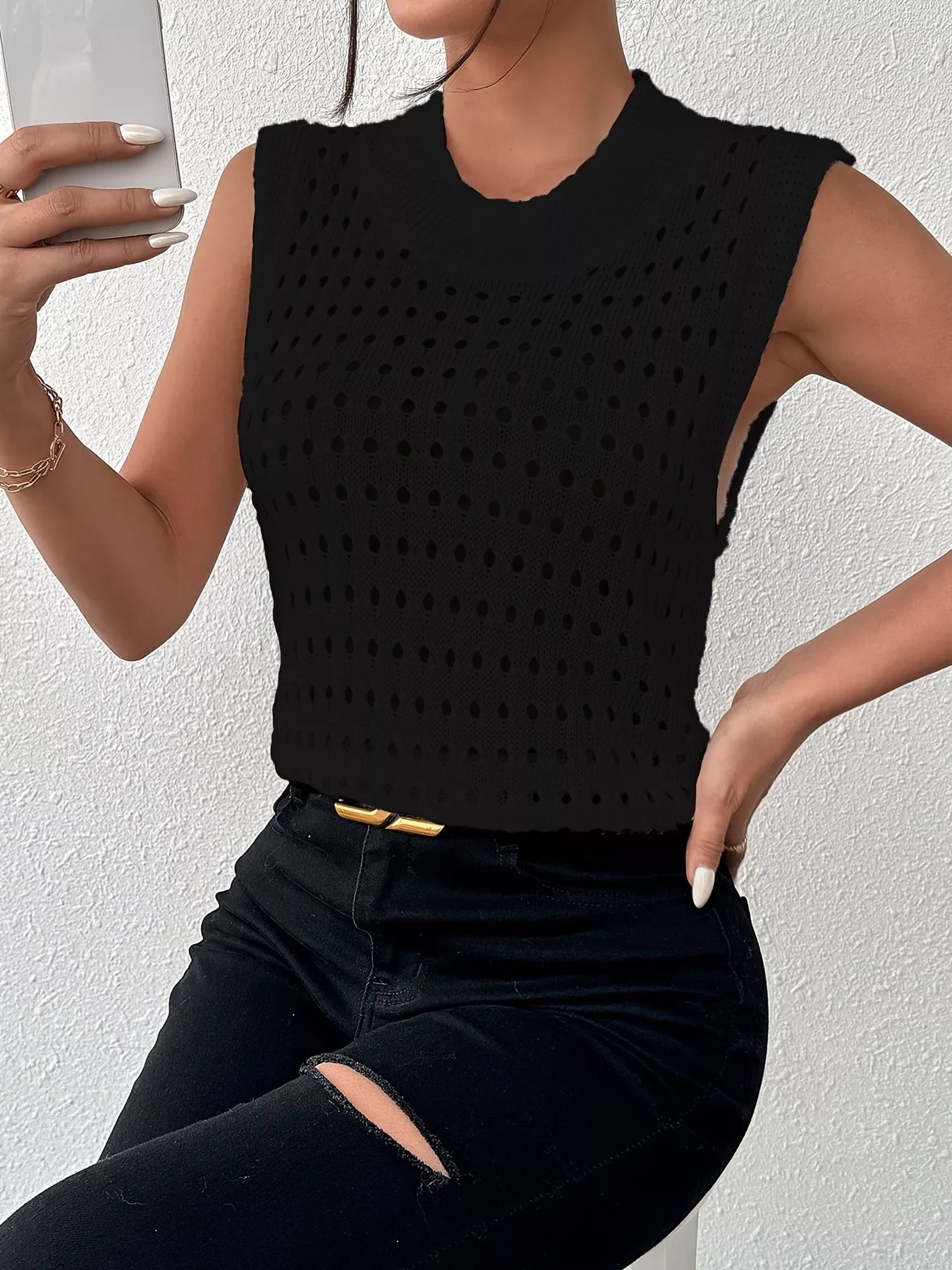 Hollow Out Round Neck Knit Tank Black OutfitFlow