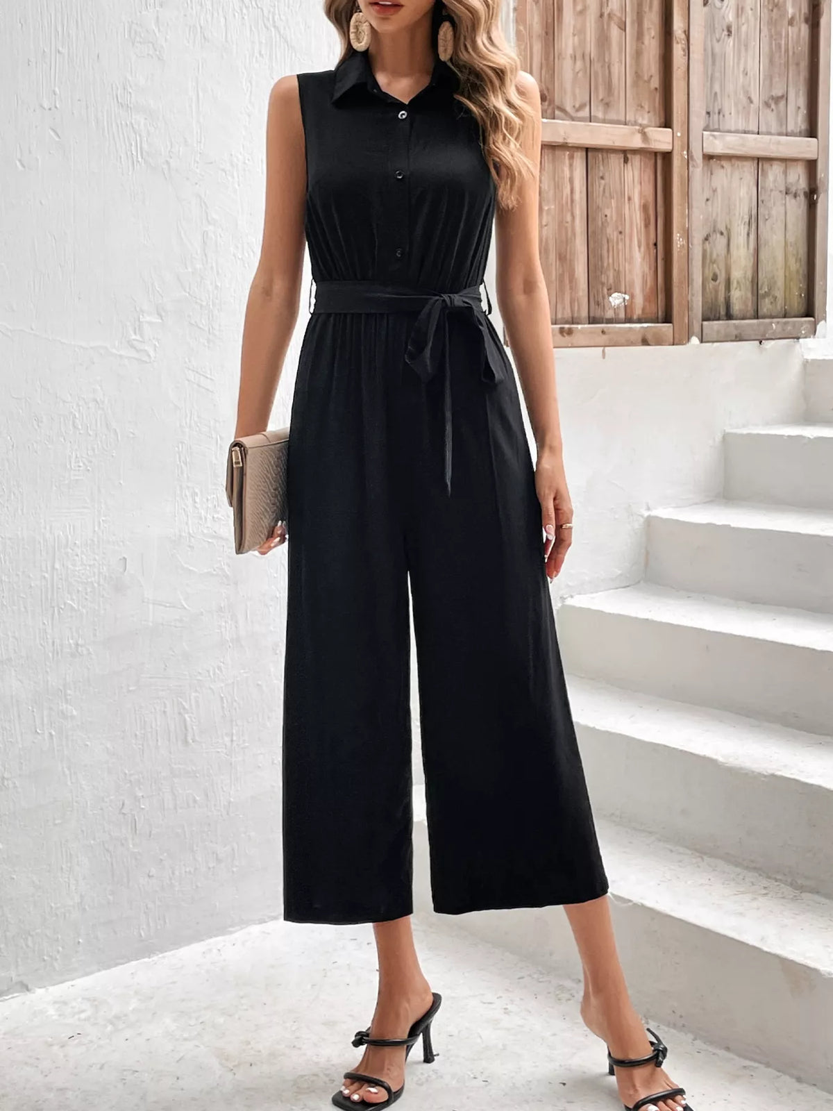 Sleeveless Wide Leg Jumpsuit Black OutfitFlow
