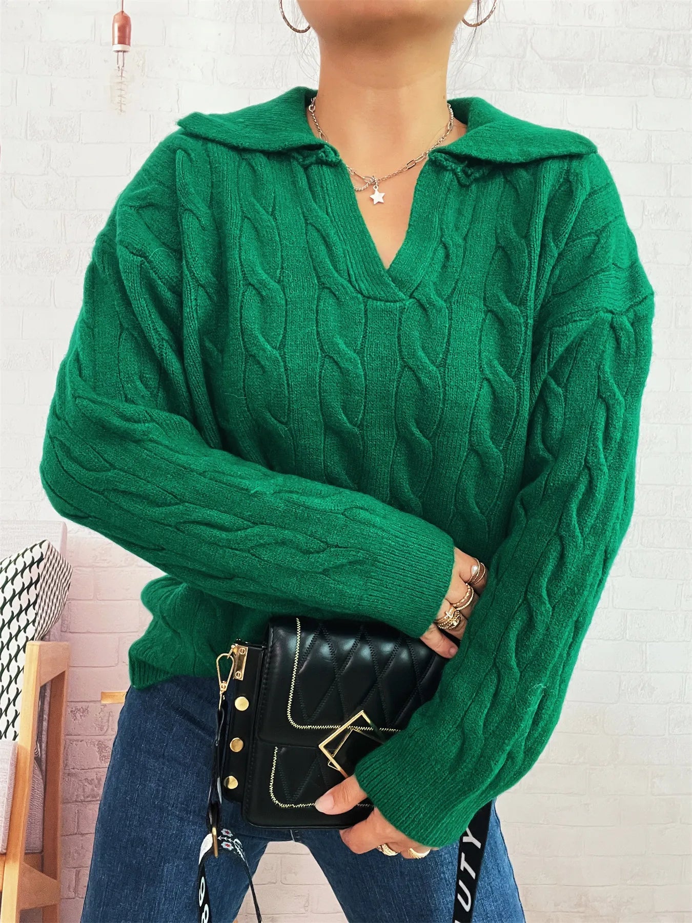 Cable Knit Johnny Collar Sweater Trendsi