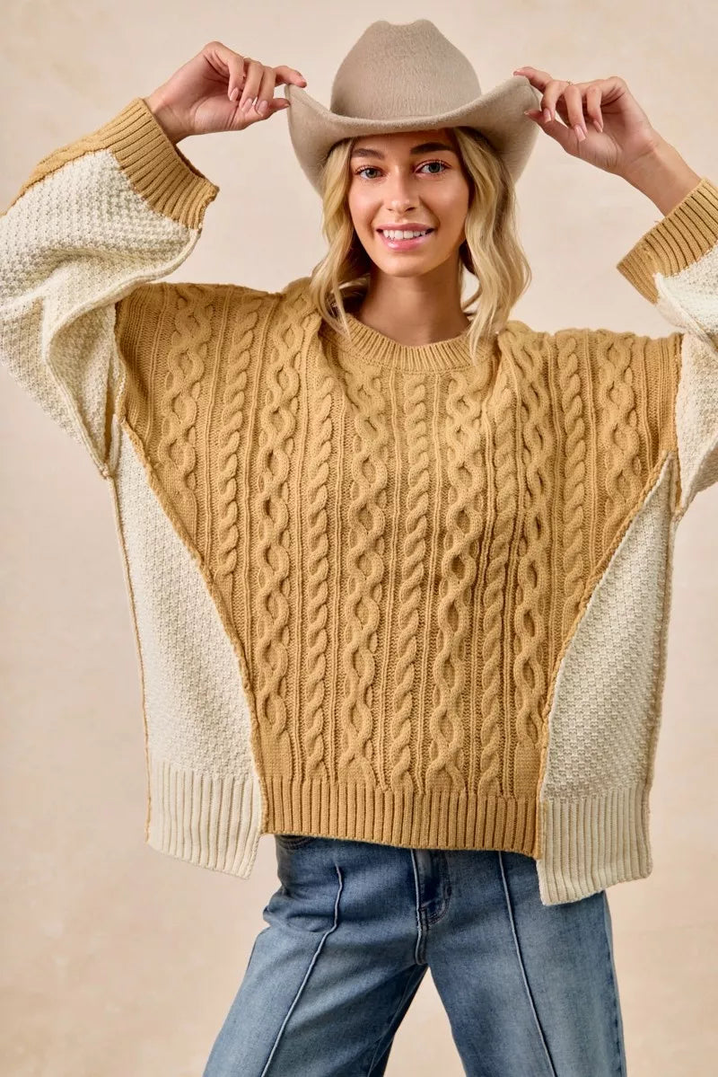 BiBi Cable Knit With Hacci Combo Sweater With Uneven Hem Detail Trendsi