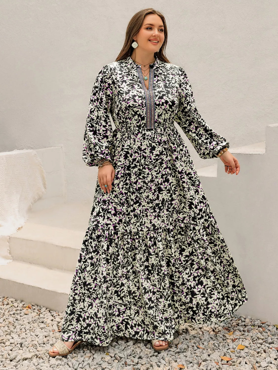 Plus Size Floral Print Long Sleeve Tiered Maxi Dress Trendsi