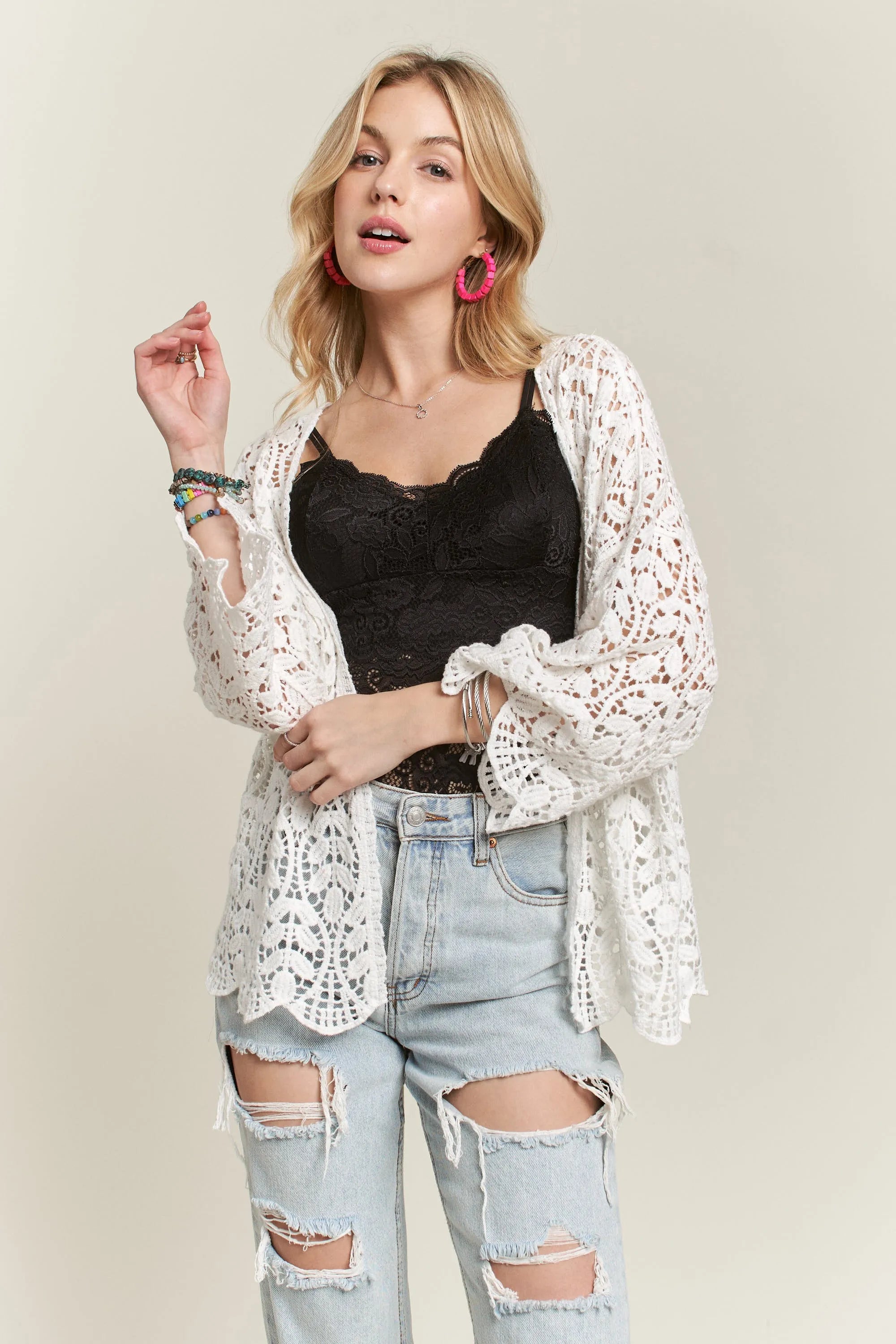 ADORA Leaf Pattern Crochet Cardigan WHITE OutfitFlow