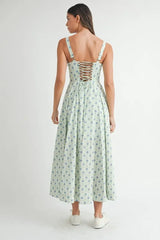 MABLE Floral Print Bustier Back Lace Up Midi Dress OutfitFlow