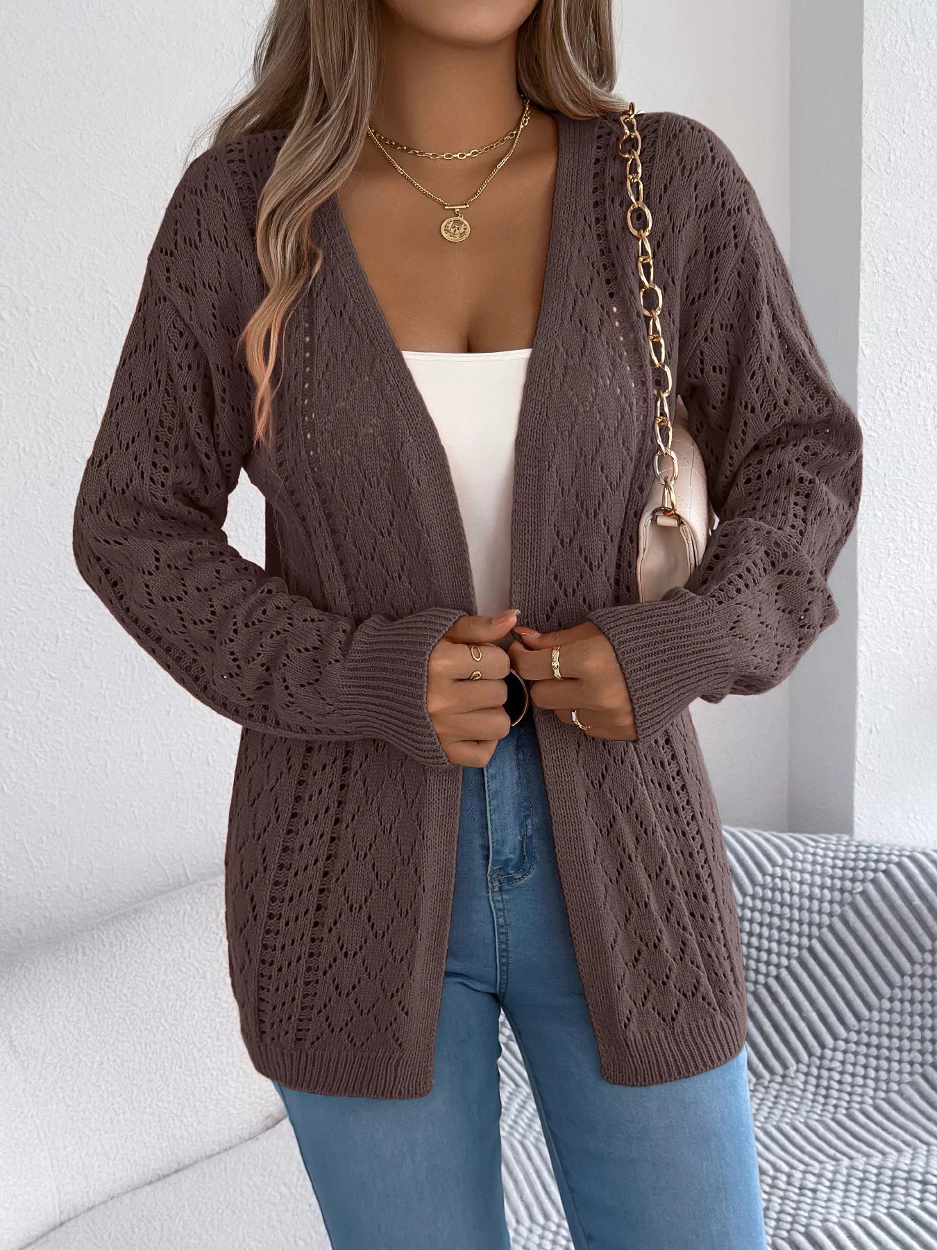 Openwork Open-Front Long Sleeve Cardigan OutfitFlow