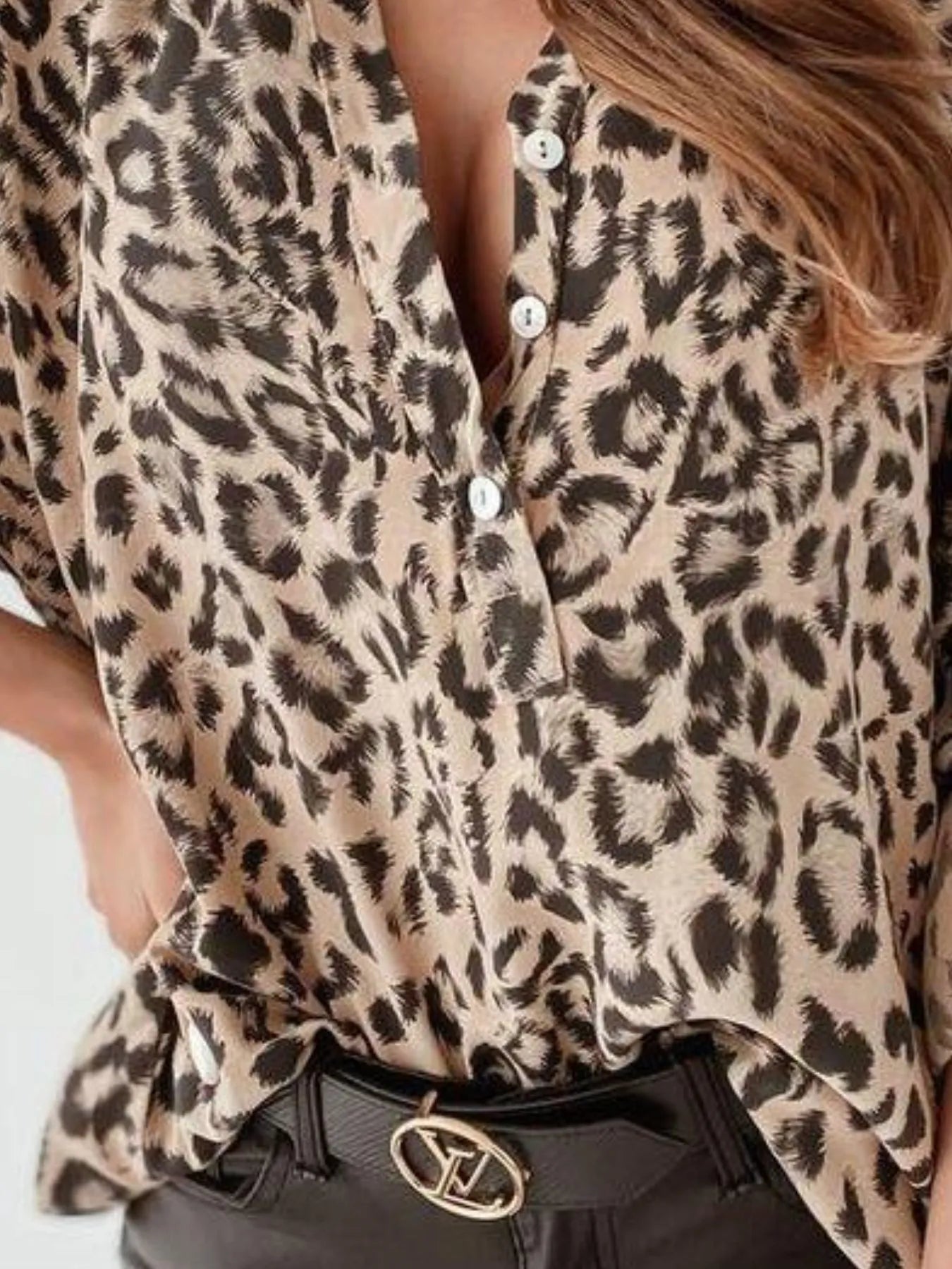 Full Size Leopard Print Roll-Tab Sleeves Blouse Plus Size OutfitFlow