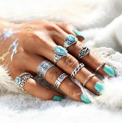 Artificial Turquoise Alloy Ring 10-Piece Set