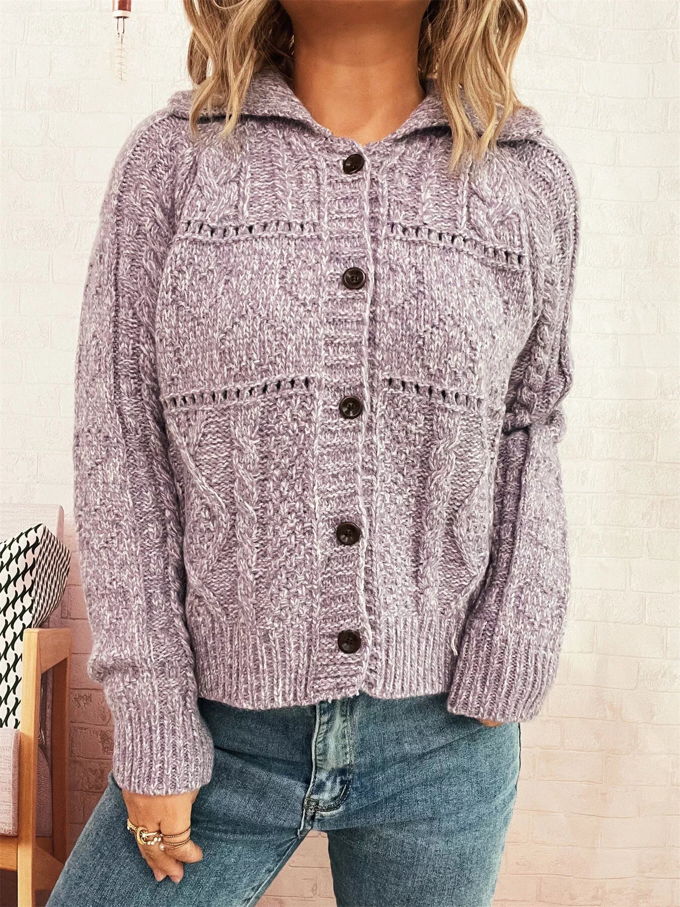 Openwork Cable Knit Button-Up Cardigan OutfitFlow