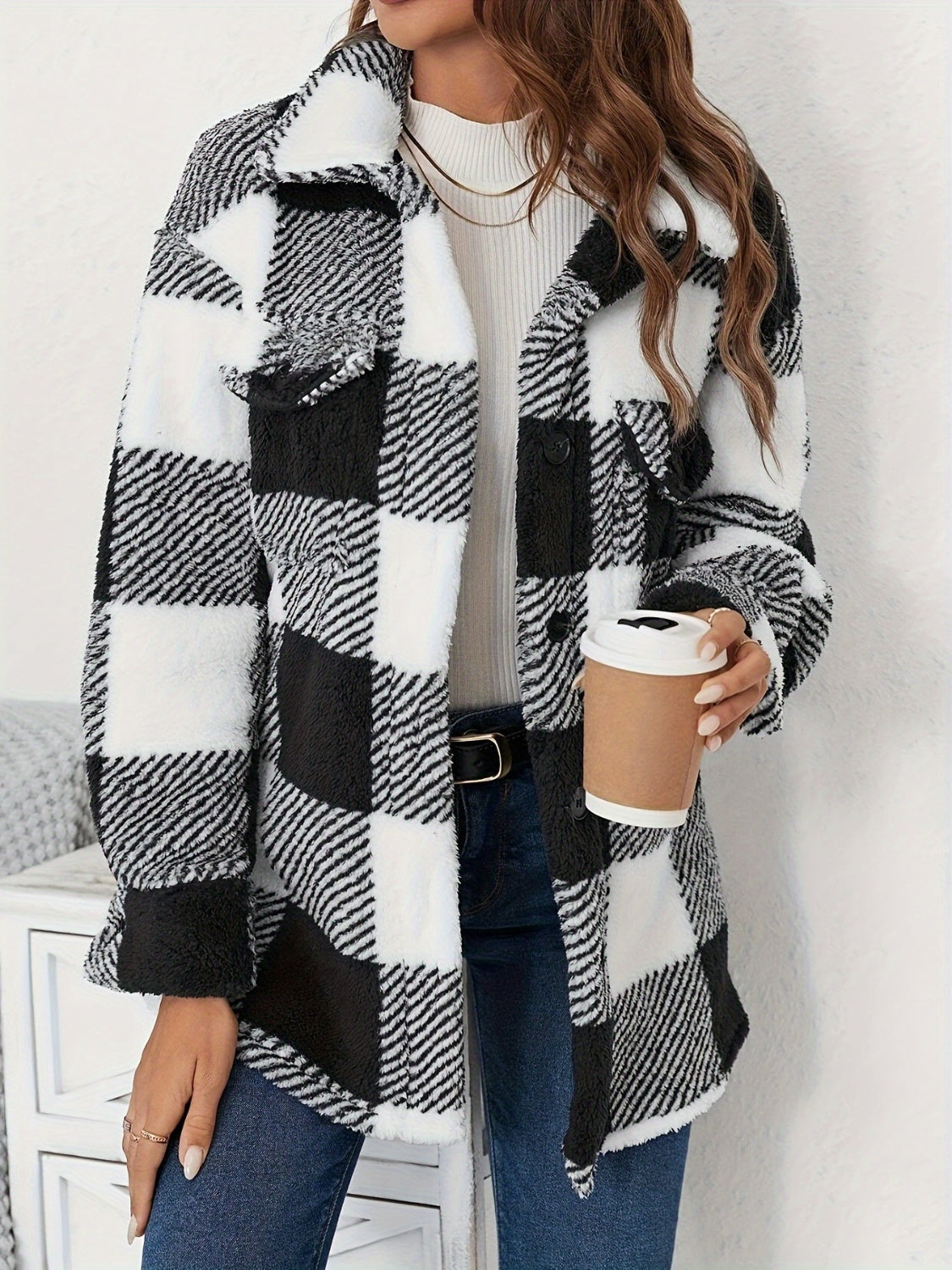 Outfit Flow - Plaid Button Up Long Sleeve Fuzzy Outerwear