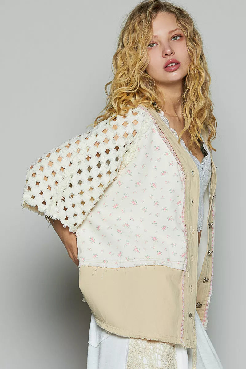 POL Button Down V-Neck Jacket with Printed Woven Patchwork OutfitFlow