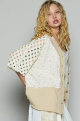 POL Button Down V-Neck Jacket with Printed Woven Patchwork OutfitFlow
