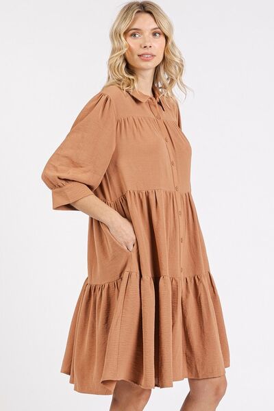 Mittoshop Button Detail Collared Neck Tiered Shirt Dress OutfitFlow