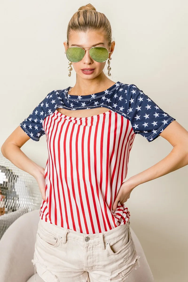 BiBi American Flag Theme Front Cut Out Top OutfitFlow
