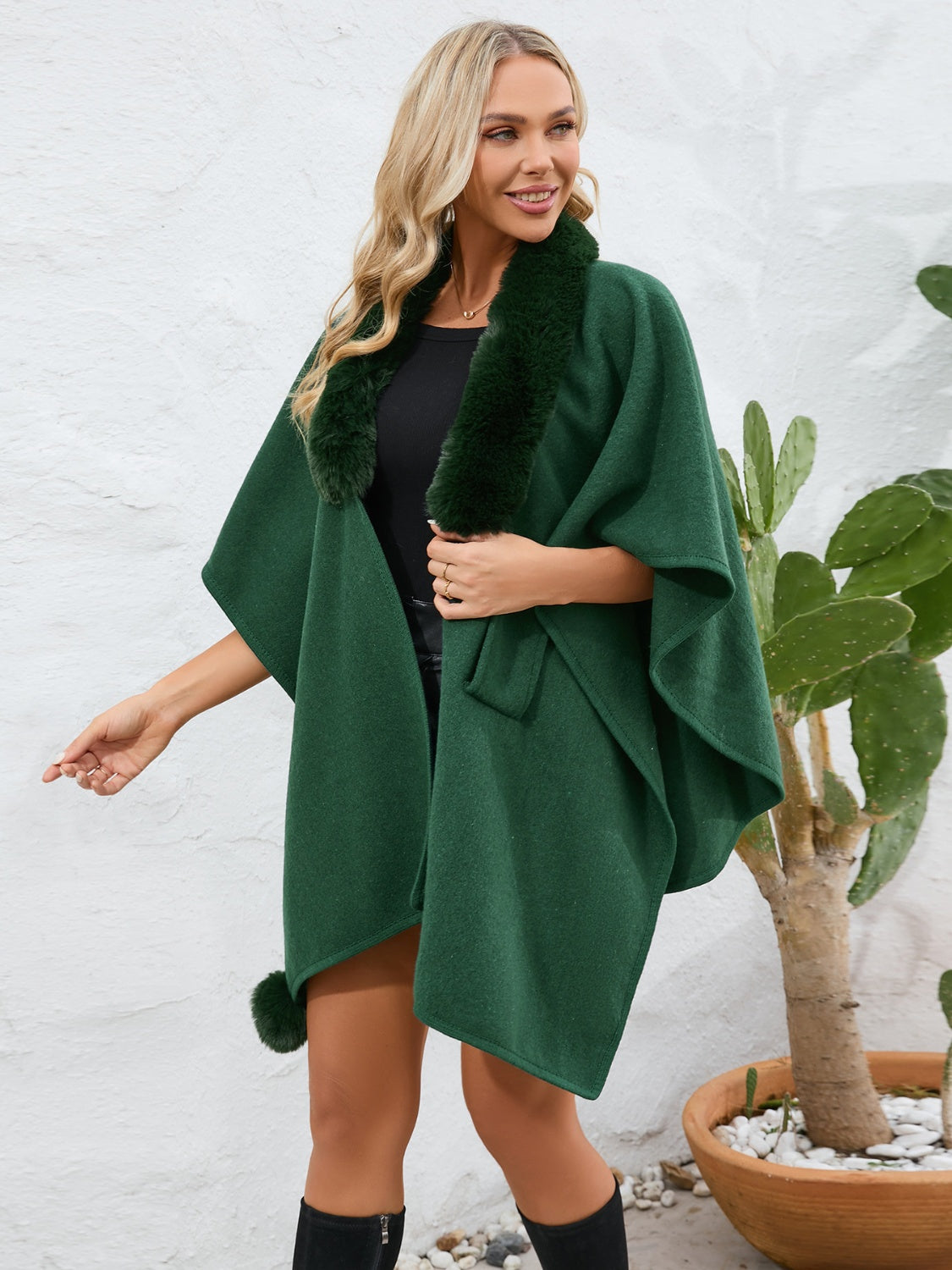 Outfit Flow - Fuzzy Trim Open Front Poncho