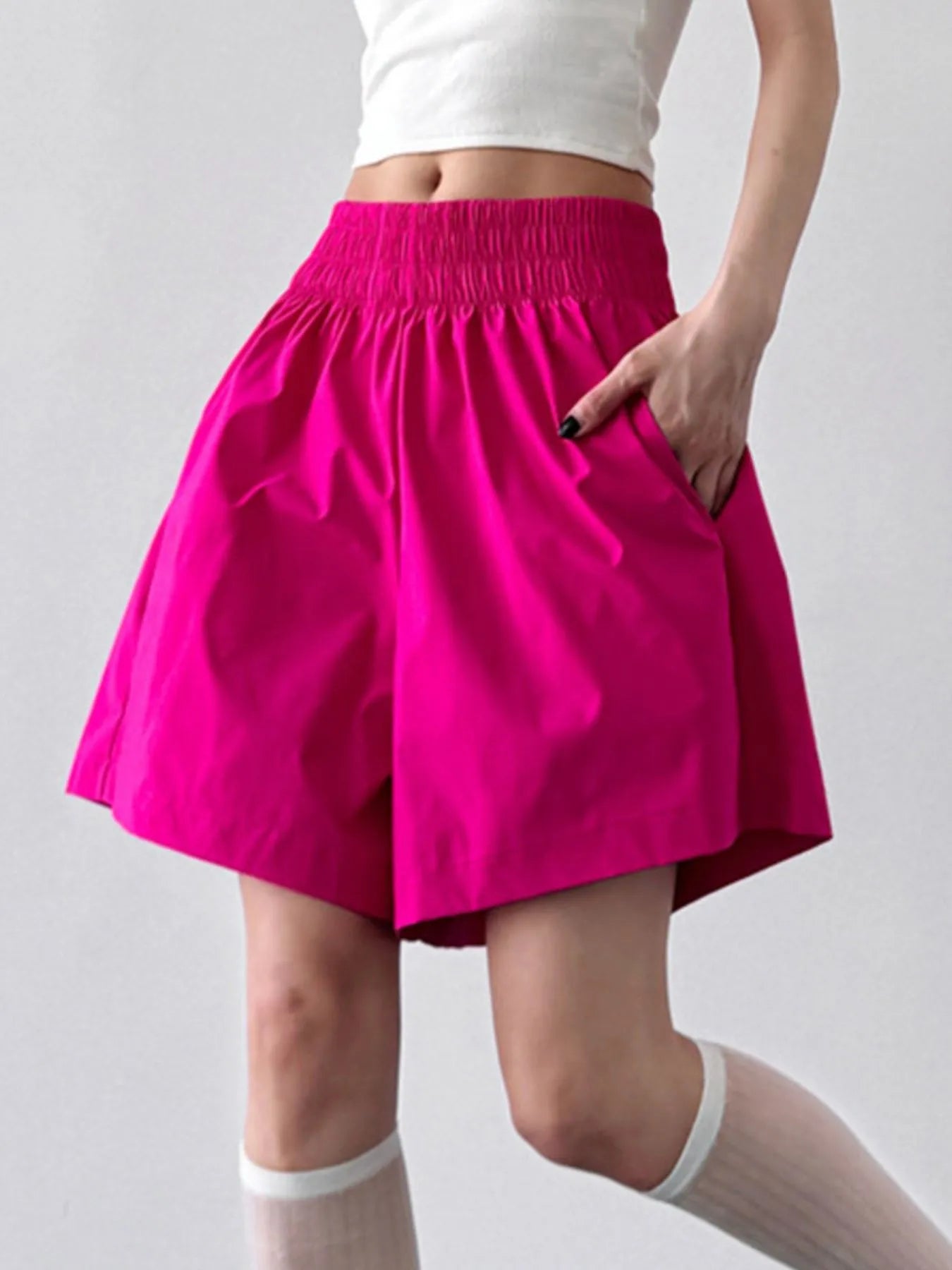 Smocked Wide-Leg Shorts Rose Red OutfitFlow