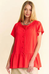 Davi & Dani Solid Lace Trim Neck Short Sleeve Peplum Top OutfitFlow