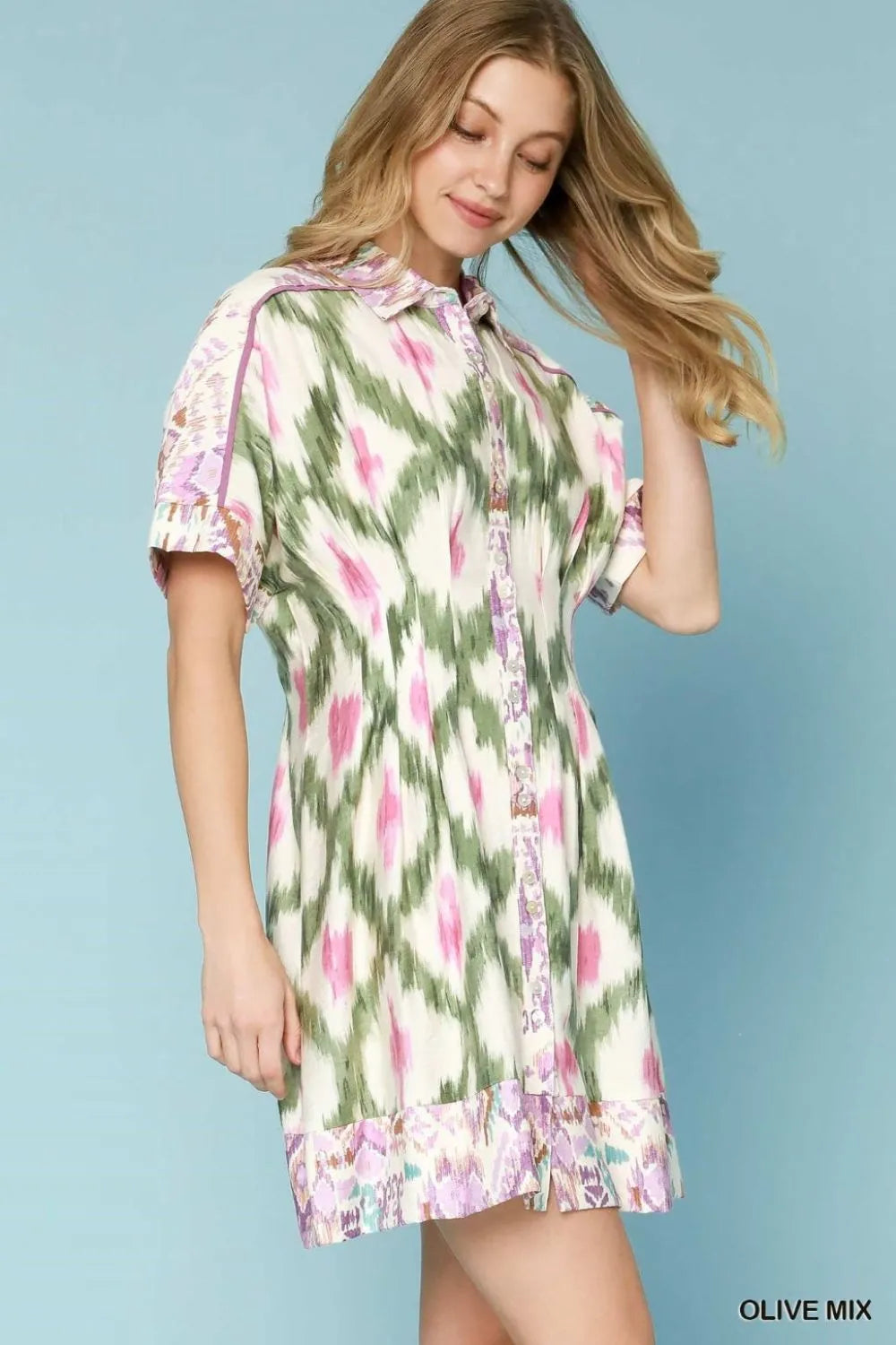 Umgee Ethnic Print Short Sleeve Mini Shirt Dress Trendsi