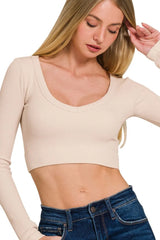 Zenana Seamless Fitted Rib V-neck Long Sleeve Crop Top OutfitFlow