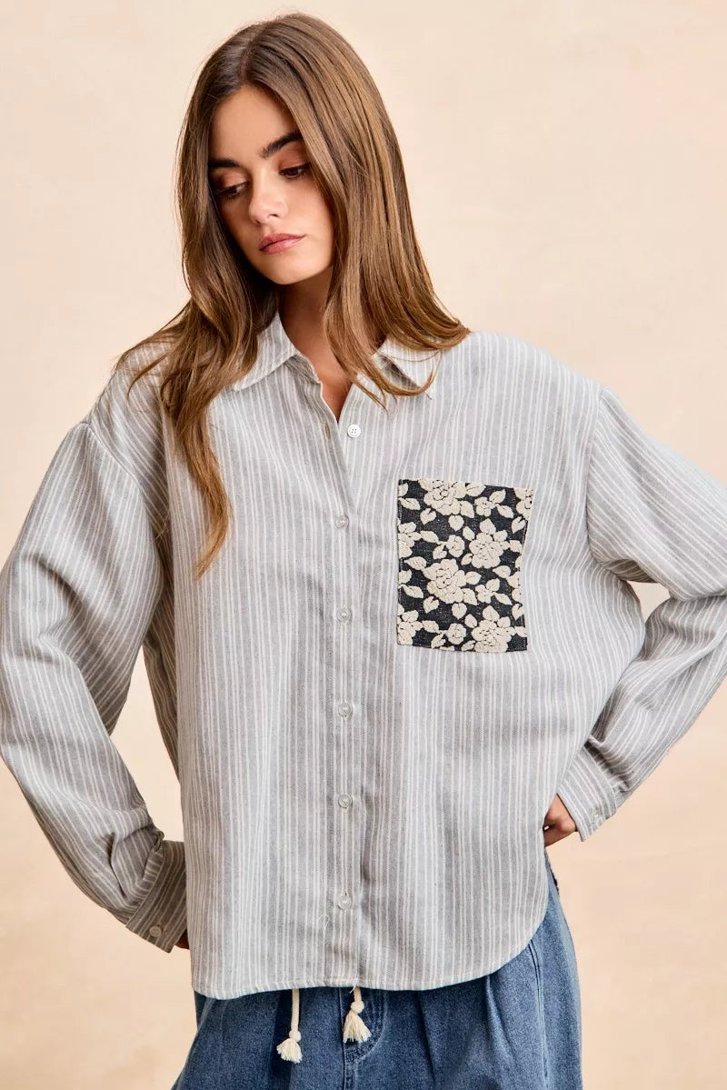 BiBi Flower Jacquard Knit Patch Pocket Stripe Shirt OutfitFlow