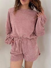 Round Neck Dropped Shoulder Top and Drawstring Shorts Set OutfitFlow