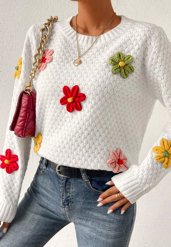 Outfit Flow - Crochet Flower Round Neck Long Sleeve Sweater