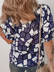 Abstract Print Frilled Puff Sleeve V Neck Blouse OutfitFlow