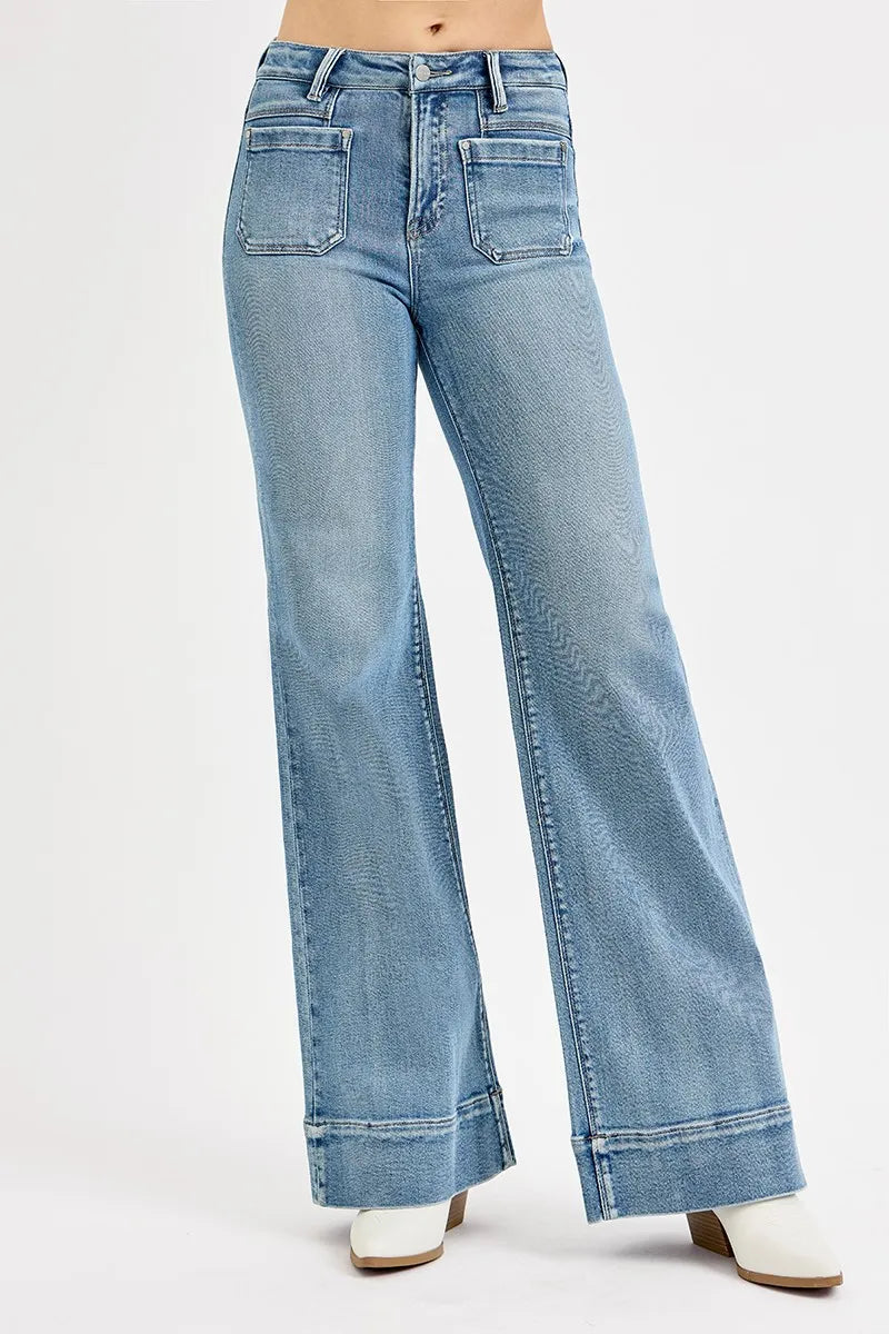 RISEN Full Size High Rise Wide Flare Patch Pocket Jeans Plus Size MEDIUM OutfitFlow