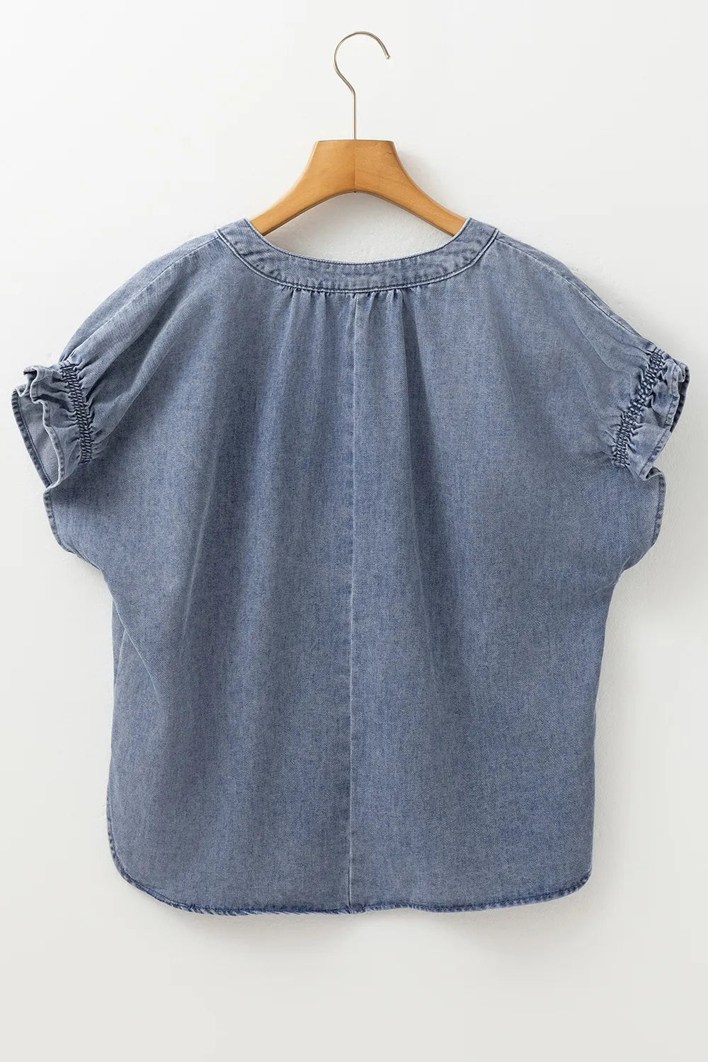V Neck Ruffled Short Puff Sleeve Denim Top OutfitFlow