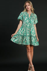 Umgee Full Size Printed Notched Puff Sleeve Mini Dress Plus Size OutfitFlow