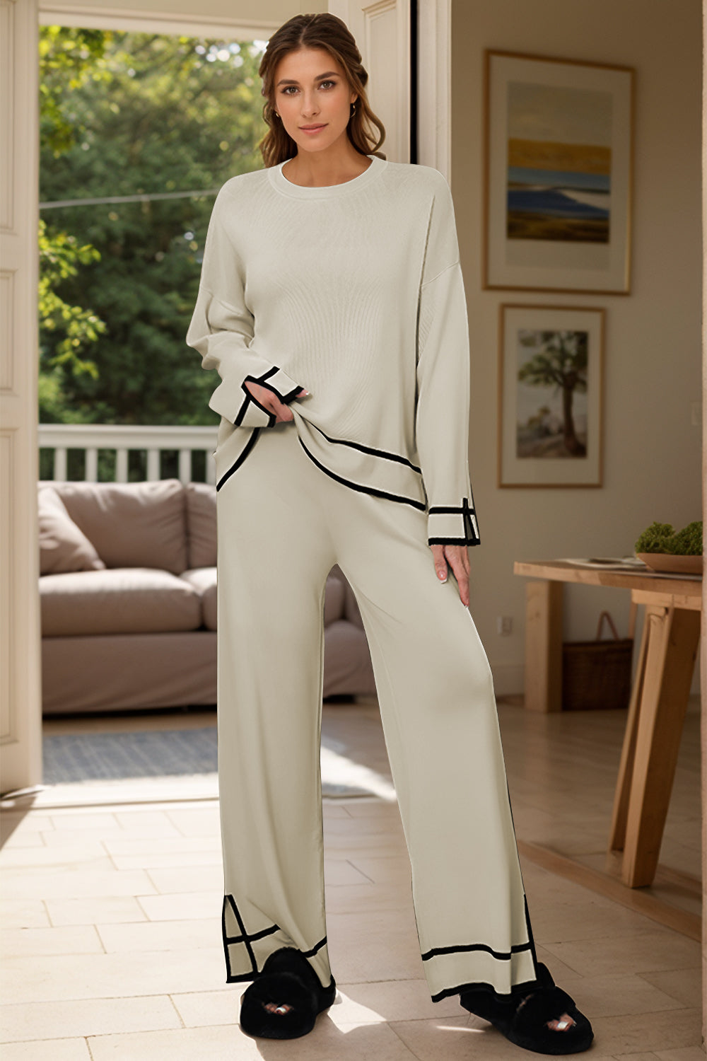 Outfit Flow - High-Low Round Neck Top and Pants Sweater Set