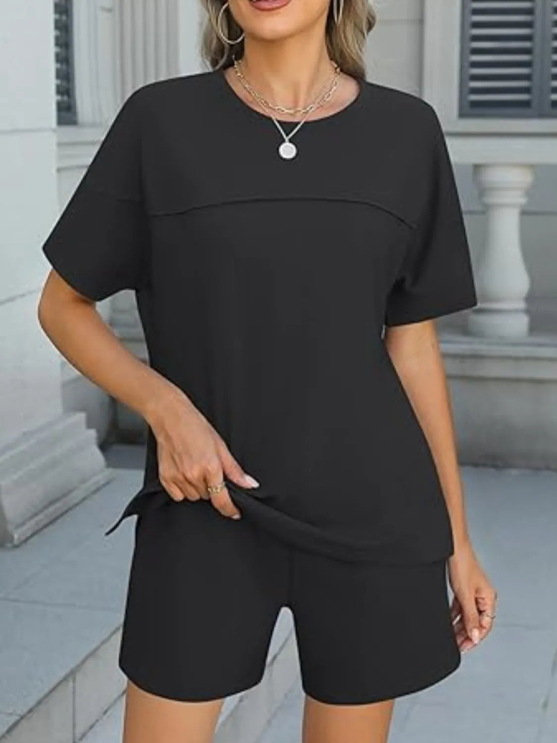 Round Neck Short Sleeve Top and Shorts Set OutfitFlow