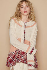 POL Round Neck Half Button Color Block Top with Merrow Edge Detail OutfitFlow