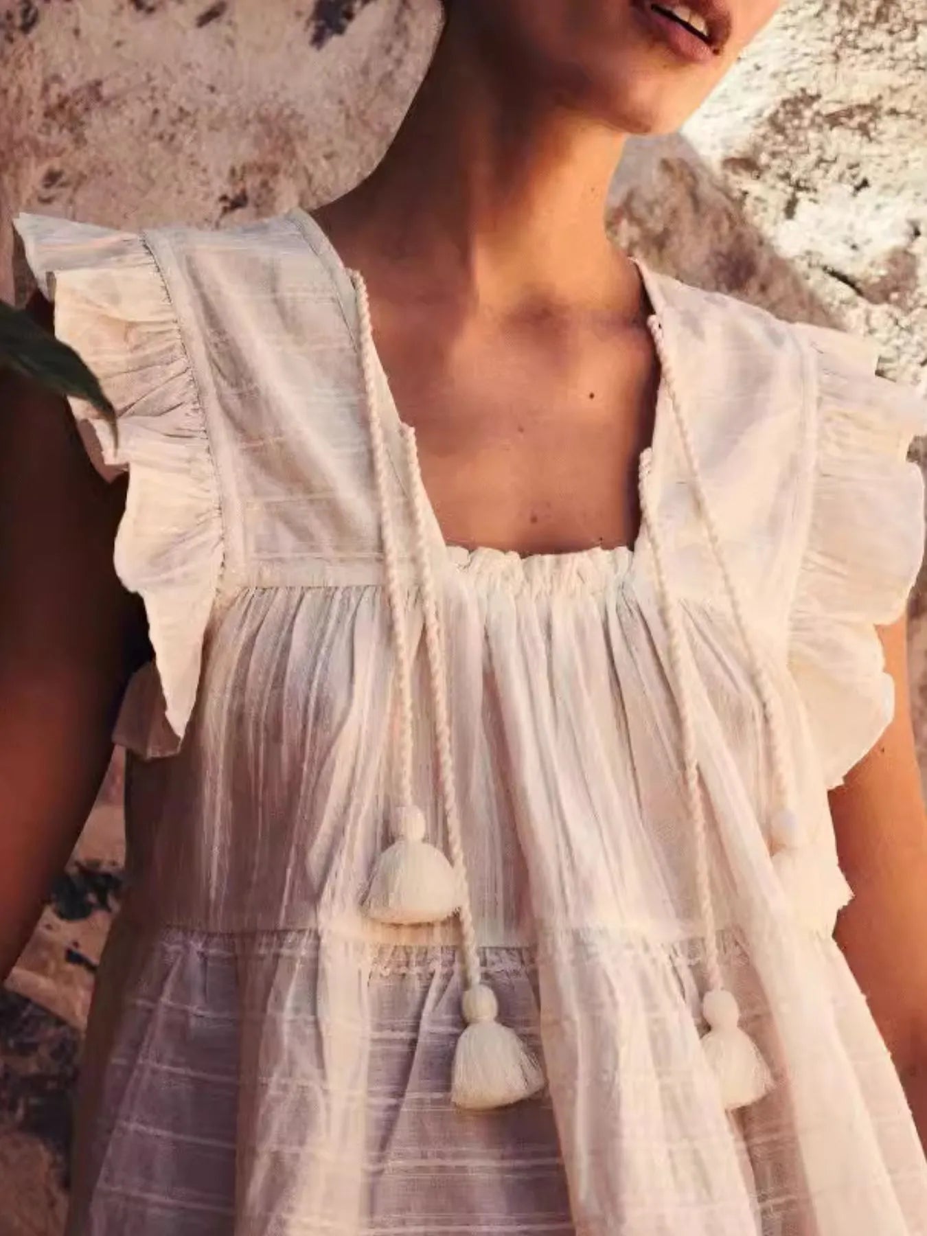 Tassel Ruffled Striped Blouse White OutfitFlow