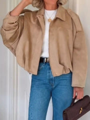 Zip Up Dropped Shoulder Suede Jacket OutfitFlow
