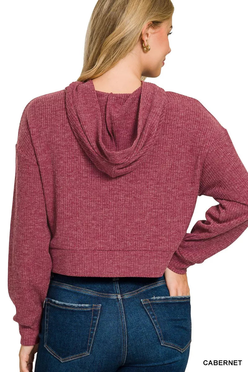 Zenana Drop Shoulder Ribbed Crop Hoodie OutfitFlow