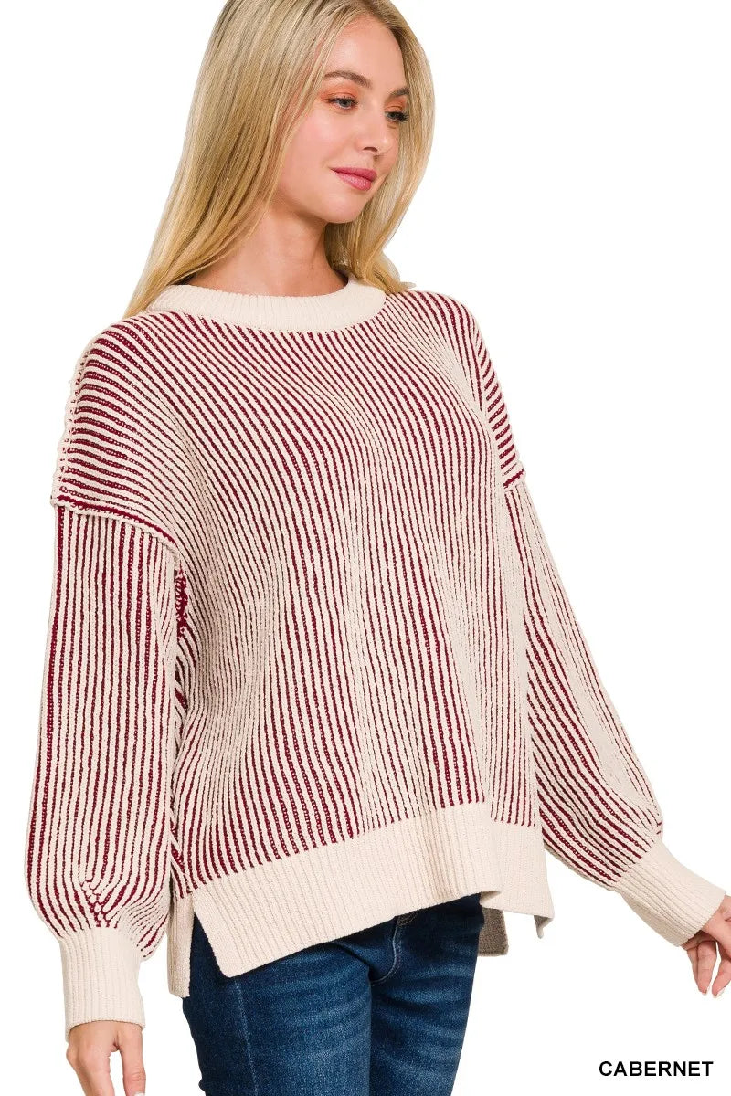Zenana Two Tone Crewneck Sweater Trendsi