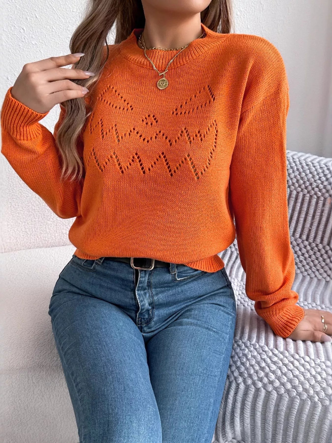 Openwork Round Neck Long Sleeve Sweater OutfitFlow