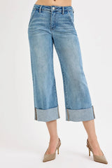 RISEN Full Size Tummy Control High Rise Ankle Wide Cuffed Jeans Plus Size MEDIUM OutfitFlow