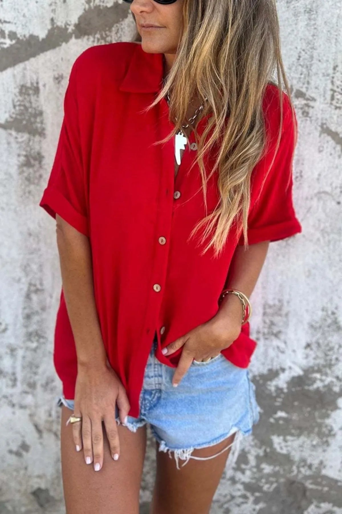 Full Size Casual Button Down Short Sleeve Loose Shirt Plus Size Red OutfitFlow