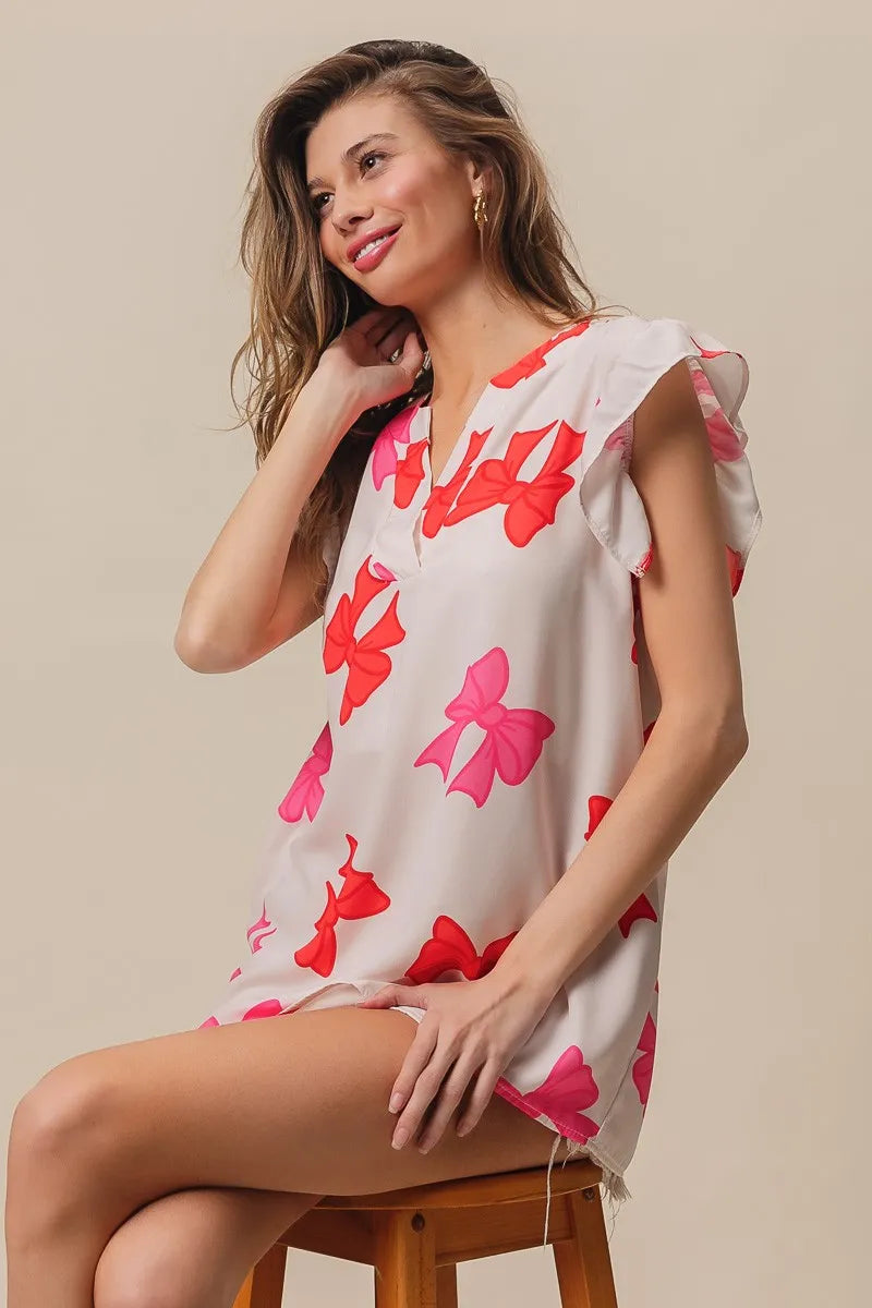 BiBi Bow Printed Woven Ruffled Sleeves V Neck Top OutfitFlow