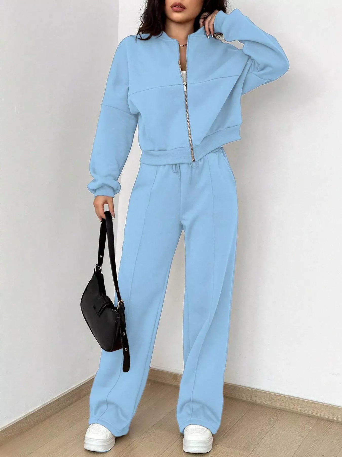 Casual Solid Color Zipper Jacket and Wide Leg Pants Set OutfitFlow