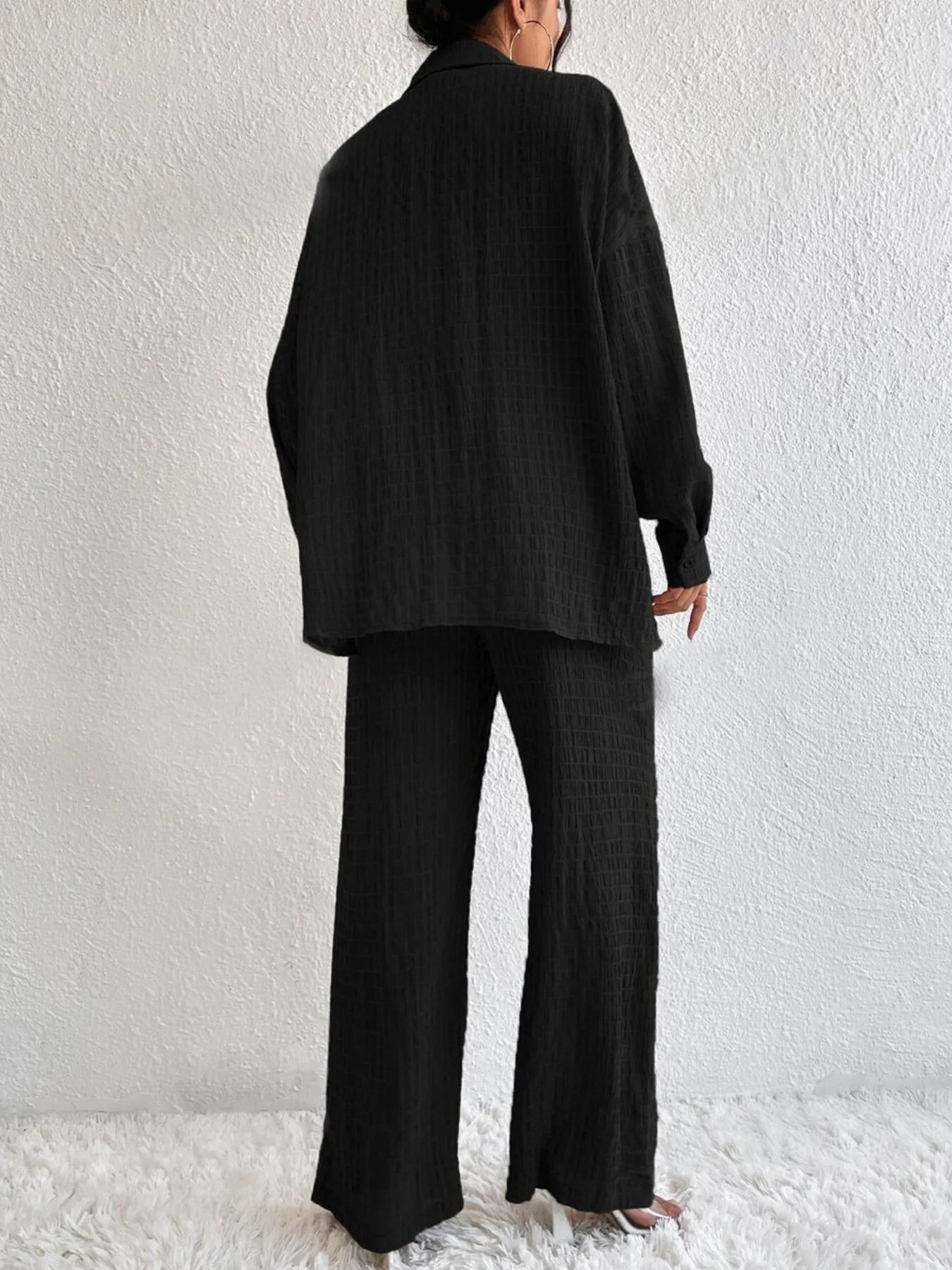 Button Up Long Sleeve Shirt and Pants Set OutfitFlow