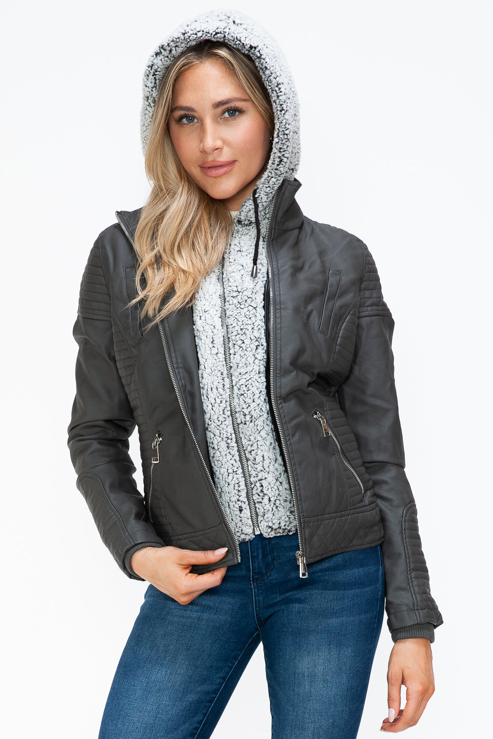 Outfit Flow - YMI Faux Layered Double-Zipper Jacket with Fuzzy Hood