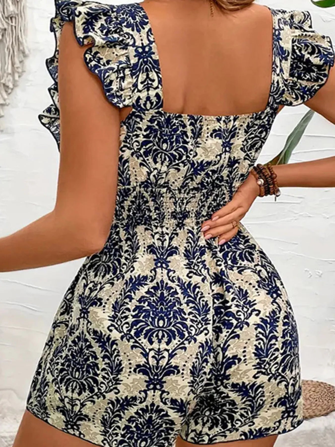 Ruffled Printed Square Neck Romper OutfitFlow